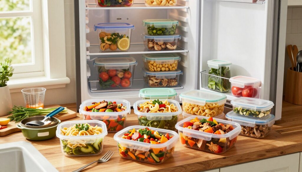 A vibrant kitchen scene showcasing a variety of freezer-friendly meals neatly arranged in transparent containers. In the foreground, prominently feature colorful, neatly labeled meal prep bowls filled with pasta, stir-fry, and stews, each brimming with fresh vegetables and proteins. In the middle, a wooden countertop cluttered with meal prep tools like measuring cups, a cutting board, and herbs adds a homely touch. The background reveals an open freezer filled with neatly stacked containers, showcasing the organized chaos of batch cooking. Warm, natural lighting filters through a window, creating a cozy and inviting atmosphere. The camera angle is slightly above the countertop, providing a clear view of the delicious meals, encouraging a sense of practical inspiration and family-friendly cooking.