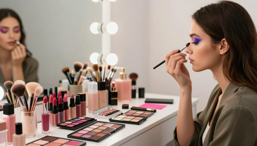 A vibrant makeup studio filled with an array of colorful cosmetics and tools. In the foreground, a skilled makeup artist applies a bold eye shadow technique on a model's eye, showcasing precise brush strokes and blending. The artist is dressed in stylish, professional attire, reflecting a modern aesthetic. In the middle, various beauty products like lipsticks, eyeshadows, and brushes are artfully displayed on a sleek makeup station. In the background, soft, diffused lighting enhances the scene, creating an inviting and dynamic atmosphere. The setting should convey a sense of creativity, innovation, and the latest beauty trends, perfect for illustrating emerging makeup techniques for 2026. Soft focus on the background adds depth to the image.