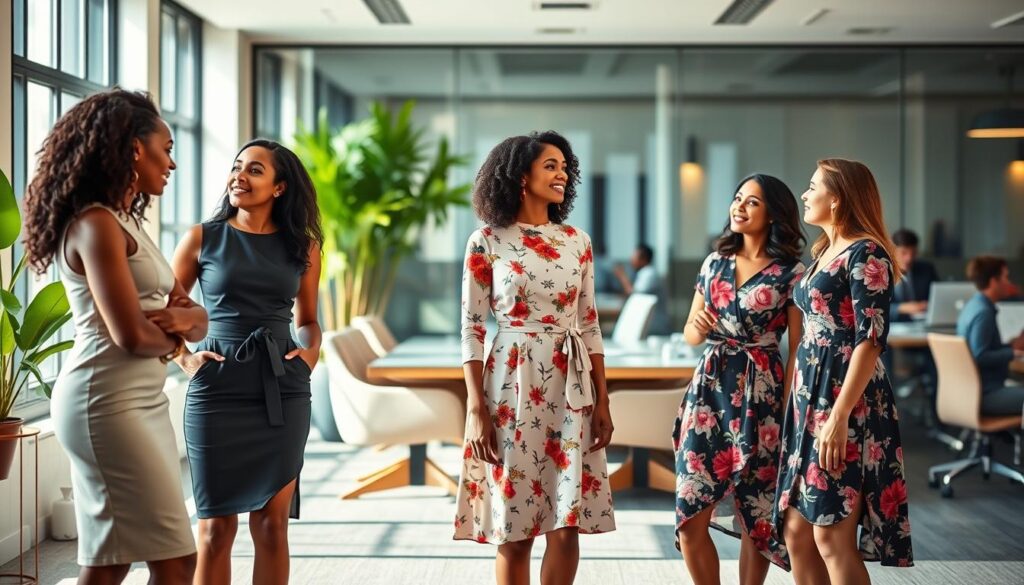A vibrant office setting showcasing a variety of diverse work dress styles, featuring women of different backgrounds wearing chic and professional dresses. In the foreground, a stylish African American woman in a fitted sheath dress, a South Asian woman in a playful shift dress, and a Caucasian woman in a floral wrap dress are engaged in conversation. The middle ground displays an elegant boardroom with modern furniture, potted plants, and large windows allowing soft, natural light to illuminate the scene. The background hints at office life with subtle blurred figures working at desks. The overall mood is dynamic and inspiring, reflecting both professionalism and creativity in modern work attire. The image should evoke a sense of inclusivity and empowerment.