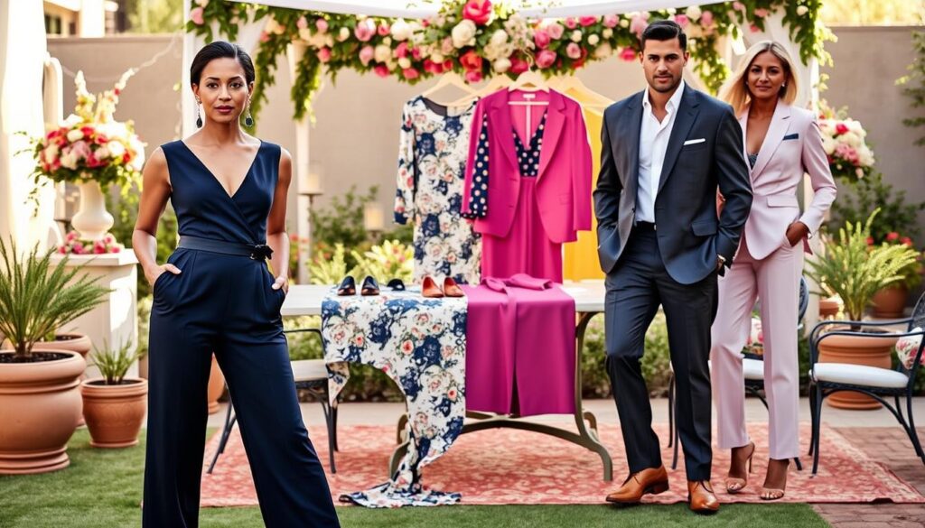 A vibrant outdoor setting featuring a diverse group of stylish individuals showcasing various jumpsuits and pantsuits ideal for wedding guests. In the foreground, a woman in a tailored navy jumpsuit with elegant a-line trousers, accessorized with statement earrings, poses confidently. Beside her, a man in a sleek charcoal pantsuit with a crisp white shirt and no tie radiates sophistication. In the middle ground, a mix of bright-colored garments, like a floral-patterned jumpsuit and a chic pastel pantsuit, are draped over a decorative outdoor table. The background captures a beautifully decorated garden with floral arrangements and soft, diffused natural lighting, creating an inviting atmosphere. The composition captures elegance and modernity, emphasizing fashionable alternatives to traditional wedding attire.
