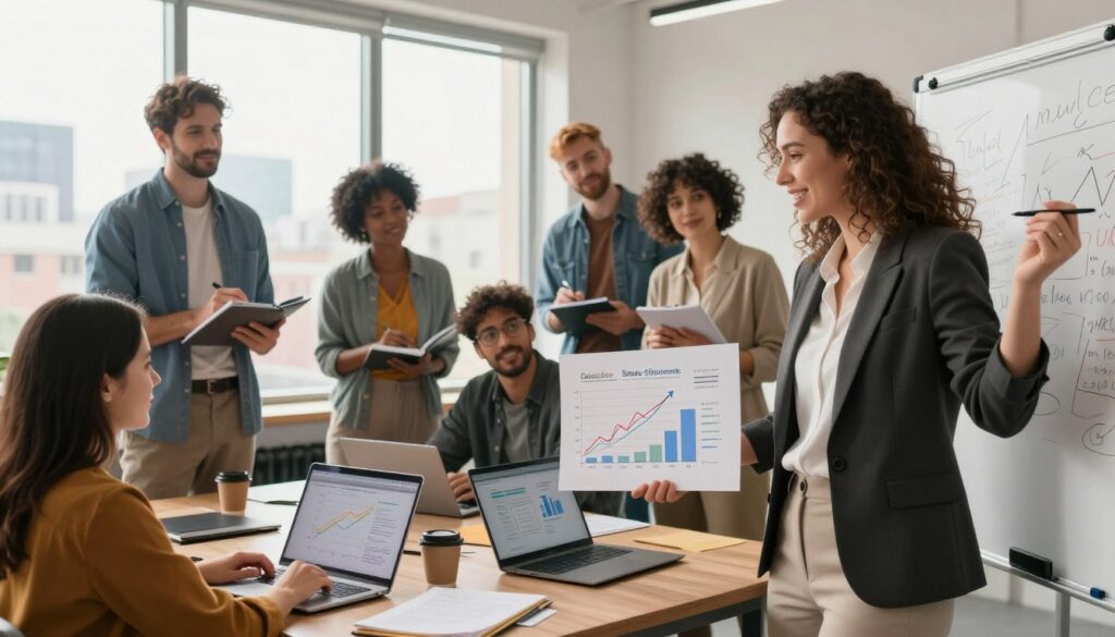 A vibrant scene depicting a diverse group of individuals in a modern office setting, brainstorming ways to increase their income for travel savings. In the foreground, a professional woman in business attire enthusiastically presents a chart on a laptop showing various income-boosting strategies, like side hustles and investments. In the middle ground, colleagues of different ethnicities engage in discussions, jotting down ideas on notepads and whiteboards, conveying collaboration and excitement. The background features large windows allowing natural light to illuminate the room, with a city skyline visible outside, suggesting opportunity. The atmosphere is upbeat and motivational, emanating a sense of determination to achieve financial goals for travel adventures. Soft, warm lighting enhances the cheerful mood of the workplace.