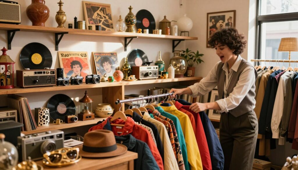 A vibrant scene inside a cozy thrift store, showcasing an inviting and eclectic atmosphere. In the foreground, a person dressed in modest casual clothing, excitedly rummaging through a colorful pile of vintage clothing, surrounded by retro accessories and unique home decor items. The middle layer features wooden shelves filled with an array of retro memorabilia, such as vinyl records, old-fashioned cameras, and antique trinkets, all bathed in warm, soft lighting that creates a nostalgic feel. In the background, shelves are lined with more hidden treasures, while sunlight streams through the window, casting gentle shadows that enhance the atmosphere of discovery and wonder. The overall mood is cheerful, inviting, and full of potential for finding hidden treasures.