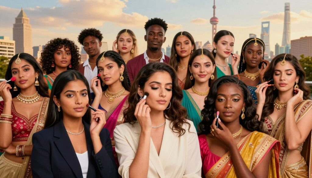 A vibrant scene showcasing global beauty shifts, featuring diverse individuals representing various cultures. In the foreground, a South Asian woman and a Black woman apply innovative makeup trends, both in professional attire. The middle ground introduces a diverse group of people expressing unique cultural beauty styles through makeup, adorned with traditional accessories and modern cosmetics. The background depicts a stylized urban setting, incorporating iconic landmarks from around the world, softly illuminated by golden hour lighting. Use a wide-angle lens to capture the dynamic energy of this assembly, evoking a mood of celebration and inclusivity. The overall atmosphere should be colorful and uplifting, reflecting the evolving landscape of beauty influences globally.