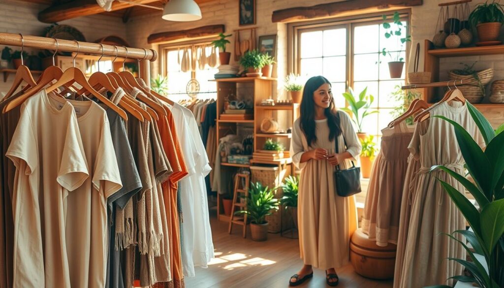 A vibrant scene showcasing locally made apparel displayed in a rustic boutique. In the foreground, a wooden rack features a variety of eco-friendly garments, including organic cotton t-shirts, handwoven scarves, and linen dresses in earth tones. A friendly shopkeeper, dressed in modest casual clothing, interacts with a customer, highlighting the personal touch of locally sourced fashion. In the middle ground, shelves adorned with handmade accessories, like jewelry and bags, reflect sustainable craftsmanship. The background features warm, natural lighting streaming through large windows, casting soft shadows and creating an inviting atmosphere. The space is filled with greenery, like potted plants, emphasizing the eco-friendly theme. The overall mood is warm, welcoming, and conscious of environmental values, perfect for celebrating responsible fashion choices.
