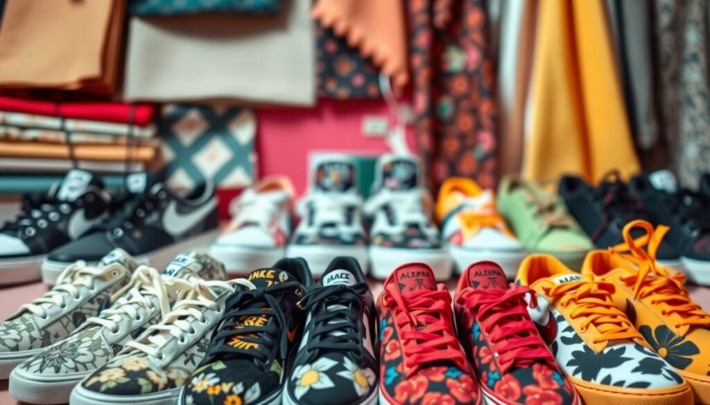 A vibrant selection of sneakers displayed in an artistic arrangement, showcasing a variety of colors and patterns. In the foreground, several pairs of sneakers are neatly aligned, featuring bold prints such as geometric patterns, floral designs, and classic color combinations like black, white, and neon hues. The middle layer includes a stylish backdrop of fabric swatches and textured materials that reflect current fashion trends, adding depth and context. The background features soft, blurred lights that create a warm, inviting atmosphere, emphasizing the sneakers as the main focus. The lighting is bright but diffused, enhancing the colors and details of the sneakers. The overall mood is trendy and uplifting, highlighting the appeal of choosing the right sneaker styles for various outfits.
