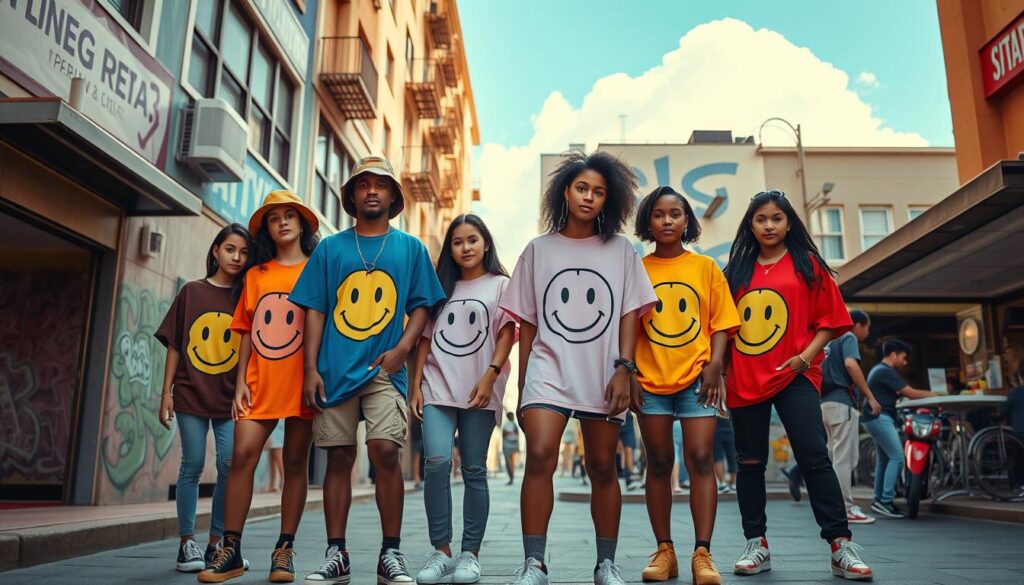 A vibrant street scene showcasing Y2K fashion aesthetic graphic tees, featuring stylish teens of diverse backgrounds wearing oversized, colorful t-shirts emblazoned with nostalgic graphics like smiley faces and retro logos. In the foreground, a group of friends poses casually, embodying youthful energy and confidence, with stylish accessories like bucket hats and chunky sneakers. The middle ground highlights a bustling urban environment, with graffiti-covered walls and trendy cafes, all bathed in warm, soft sunlight. The background includes a bright blue sky with fluffy clouds, evoking a carefree vibe. Capture this scene with a slightly elevated angle to emphasize the dynamic atmosphere, using a wide lens to create depth and enhance the vivid colors of the clothing. The overall mood is fun, energetic, and nostalgic, celebrating the Y2K comeback in urban fashion.