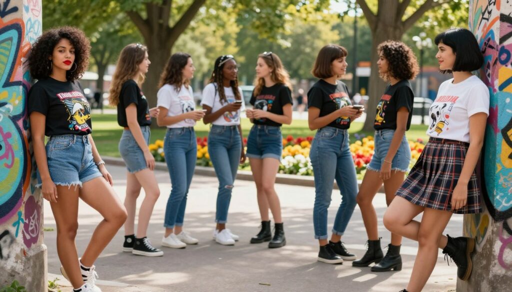 A vibrant street scene showcasing a diverse group of women wearing stylish graphic tees, each expressing their unique fashion sense. In the foreground, a woman with curly hair and bold red lipstick pairs a vintage graphic tee with high-waisted denim shorts and chunky sneakers, exuding confidence. Another woman, sporting a chic bob cut, combines a fitted graphic tee with a plaid skirt and ankle boots, leaning against a graffiti-covered wall, adding to the urban feel. In the middle ground, friends engage in conversation, showcasing various tee designs and styling ideas. The background features a sunlit park with trees and vibrant flowerbeds, creating a lively atmosphere. Soft, natural lighting enhances the scene, capturing the relaxed, carefree mood of women's fashion trends.