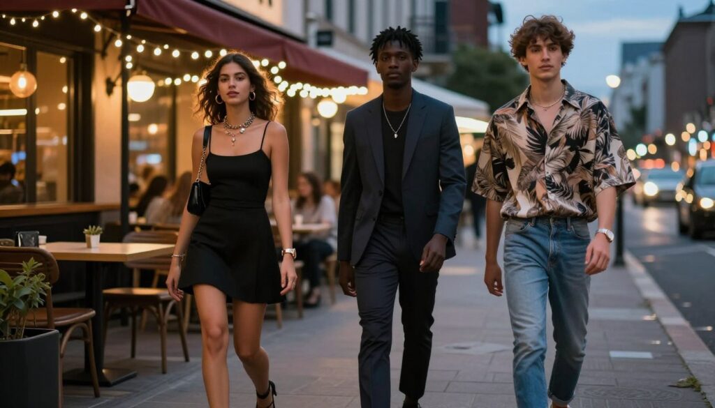 A vibrant street scene showcasing diverse outfit inspirations for a night out. In the foreground, three individuals of different ethnicities showcase stylish outfits: a woman in a chic little black dress with statement accessories, a man in a tailored blazer paired with sleek trousers, and a non-binary person in a trendy oversized shirt and fitted jeans. The middle ground features an urban backdrop with stylish cafes and twinkling fairy lights that create a cozy atmosphere. The background is slightly blurred, giving a sense of nightlife with distant silhouettes of buildings under a twilight sky. Soft, warm lighting enhances the inviting mood, while a shallow depth of field focuses on the fashion. Capture this from a slightly angled perspective to emphasize the dynamic nature of the outfits.