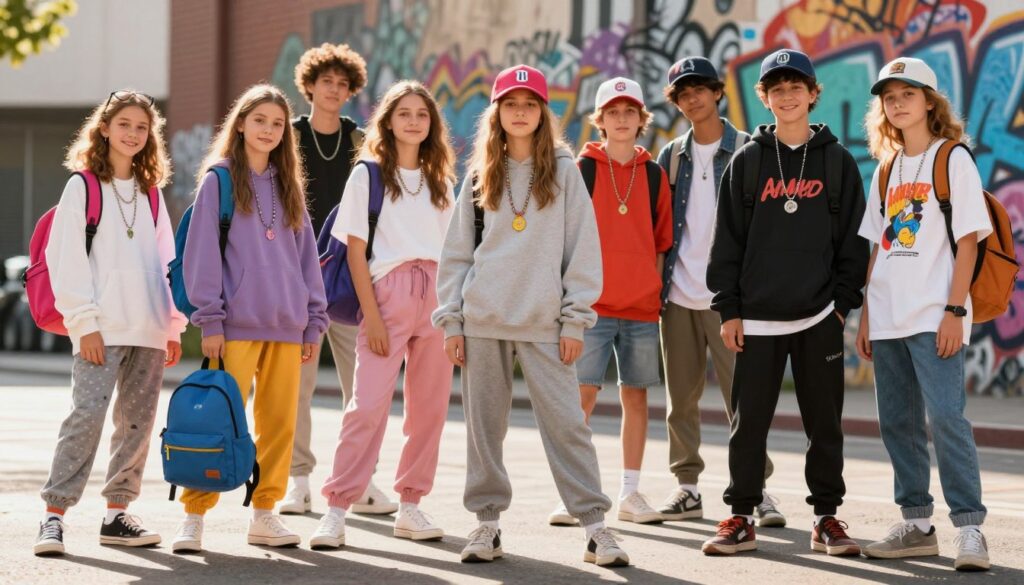 A vibrant, stylish display of teen fashion essentials against a softly blurred urban backdrop. In the foreground, showcase a diverse group of fashionable teens wearing trendy outfits, such as oversized hoodies, graphic tees, patterned joggers, and stylish sneakers. The middle layer features accessories like colorful backpacks, statement jewelry, and baseball caps, emphasizing individuality. The background includes a graffiti wall that adds an urban vibe without overwhelming the scene. Soft afternoon sunlight filters through, casting a warm, inviting glow, and creating interesting shadows on the ground. The mood is energetic and youthful, capturing the essence of trendy teen fashion in a modern, lively environment. A vibrant, stylish display of teen fashion essentials against a softly blurred urban backdrop. In the foreground, showcase a diverse group of fashionable teens wearing trendy outfits, such as oversized hoodies, graphic tees, patterned joggers, and stylish sneakers. The middle layer features accessories like colorful backpacks, statement jewelry, and baseball caps, emphasizing individuality. The background includes a graffiti wall that adds an urban vibe without overwhelming the scene. Soft afternoon sunlight filters through, casting a warm, inviting glow, and creating interesting shadows on the ground. The mood is energetic and youthful, capturing the essence of trendy teen fashion in a modern, lively environment.