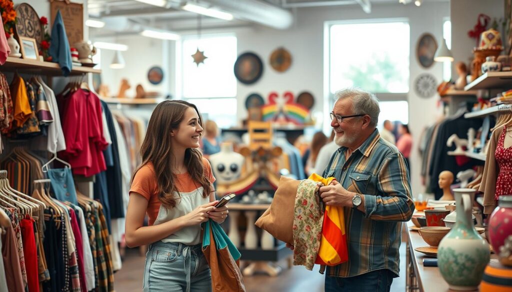 A vibrant thrift store scene bustling with activity. In the foreground, two individuals (a young woman and a middle-aged man) are engaged in friendly conversation, both dressed in modest casual clothing. They hold colorful vintage items, embodying the spirit of community and collaboration in thrifting. The middle ground features shelves filled with eclectic, retro clothing and unique decor items, creating a treasure-hunt atmosphere. In the background, soft natural light filters through large windows, casting warm glows and creating a welcoming, cheerful mood. Captured with a wide-angle lens to emphasize the store’s inviting space and foster a sense of camaraderie among thrift shoppers. The overall ambiance is friendly and engaging, highlighting the principles of thrifting etiquette and community.