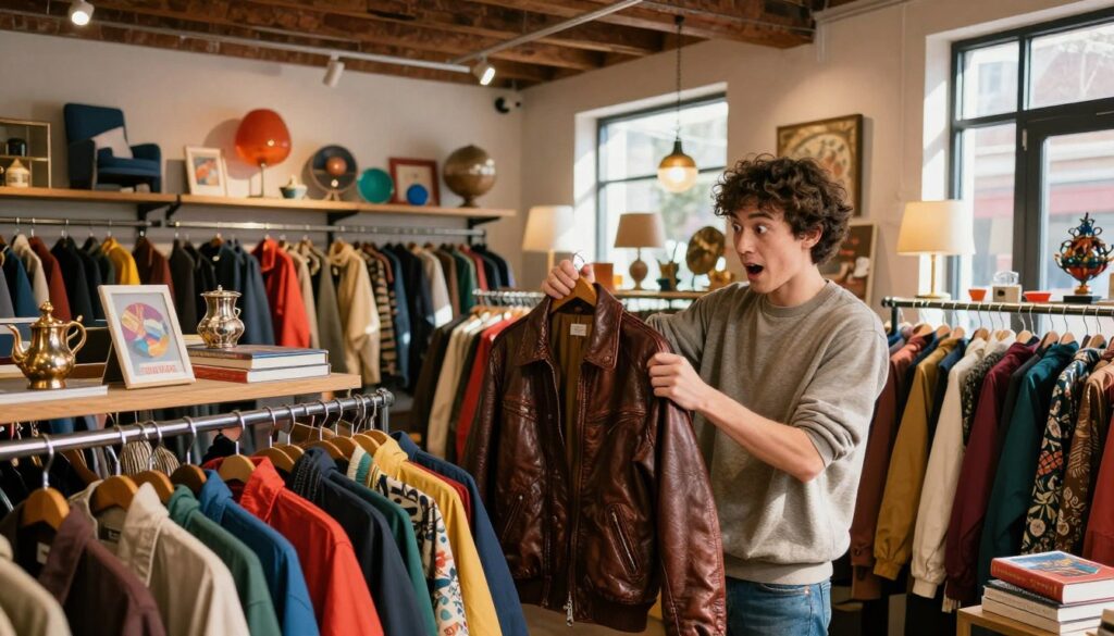 A vibrant thrift store scene, capturing the essence of a treasure hunt mentality. In the foreground, an enthusiastic shopper in modest casual clothing examines a vintage leather jacket, eyes gleaming with excitement. In the middle, colorful racks crammed with eclectic items—retro clothing, unique home decor, and scattered books—create a sense of discovery and possibility. The background displays warm, inviting lighting, highlighting the diversity of the treasures within the store. A ceiling of exposed brick and wooden beams enhances the cozy atmosphere, while sunlight filters through large windows, casting playful shadows. The mood is energetic and hopeful, conveying the thrill of finding unexpected gems among the clutter. A vibrant thrift store scene, capturing the essence of a treasure hunt mentality. In the foreground, an enthusiastic shopper in modest casual clothing examines a vintage leather jacket, eyes gleaming with excitement. In the middle, colorful racks crammed with eclectic items—retro clothing, unique home decor, and scattered books—create a sense of discovery and possibility. The background displays warm, inviting lighting, highlighting the diversity of the treasures within the store. A ceiling of exposed brick and wooden beams enhances the cozy atmosphere, while sunlight filters through large windows, casting playful shadows. The mood is energetic and hopeful, conveying the thrill of finding unexpected gems among the clutter.