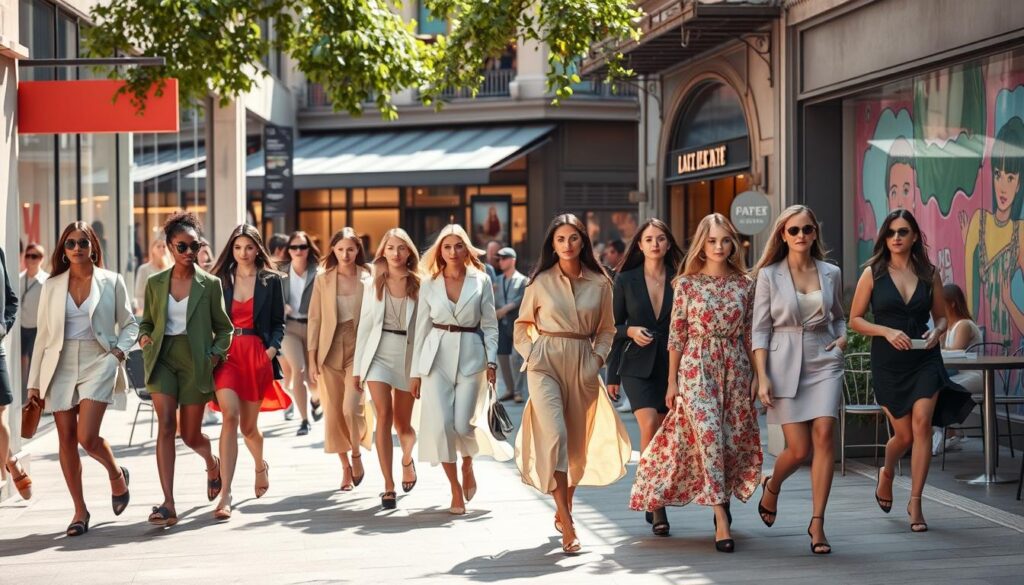 A vibrant urban scene showcasing a seamless transition from runway to street fashion trends for spring. In the foreground, a diverse group of stylishly dressed models in chic, professional spring outfits, such as tailored blazers, flowing dresses, and trendy accessories, are confidently strutting along a bustling city sidewalk. The middle ground features a lively café with patrons enjoying the atmosphere, emphasizing a casual, metropolitan vibe. In the background, a beautifully lit fashion district with colorful storefronts and chic street art creates an inviting ambiance. Soft natural lighting bathes the scene, enhancing the colors of the clothing and the urban setting. The overall mood is fresh, lively, and inspiring, capturing the essence of vibrant spring fashion trends. A vibrant urban scene showcasing a seamless transition from runway to street fashion trends for spring. In the foreground, a diverse group of stylishly dressed models in chic, professional spring outfits, such as tailored blazers, flowing dresses, and trendy accessories, are confidently strutting along a bustling city sidewalk. The middle ground features a lively café with patrons enjoying the atmosphere, emphasizing a casual, metropolitan vibe. In the background, a beautifully lit fashion district with colorful storefronts and chic street art creates an inviting ambiance. Soft natural lighting bathes the scene, enhancing the colors of the clothing and the urban setting. The overall mood is fresh, lively, and inspiring, capturing the essence of vibrant spring fashion trends.