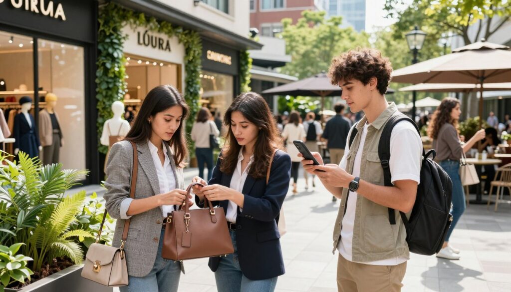 A vibrant urban setting showcasing a diverse group of young adults, ages 20-30, engaged in a fashionable outdoor shopping experience. In the foreground, a stylish millennial woman in a chic, professional outfit examines a high-end purse, while a Gen Z male, dressed in trendy casual wear, holds a smartphone, capturing the moment. The middle ground features modern retail boutiques with luxury branding visible, adorned with lush greenery and eye-catching displays. In the background, a sunlit cityscape reflects a dynamic atmosphere, filled with bustling energy and trendy cafés. Soft, natural lighting enhances the scene, creating an inviting and aspirational mood. The angle is slightly elevated, providing a clear view of the interaction and the luxurious environment, emphasizing a blend of contemporary fashion and changing consumer preferences. A vibrant urban setting showcasing a diverse group of young adults, ages 20-30, engaged in a fashionable outdoor shopping experience. In the foreground, a stylish millennial woman in a chic, professional outfit examines a high-end purse, while a Gen Z male, dressed in trendy casual wear, holds a smartphone, capturing the moment. The middle ground features modern retail boutiques with luxury branding visible, adorned with lush greenery and eye-catching displays. In the background, a sunlit cityscape reflects a dynamic atmosphere, filled with bustling energy and trendy cafés. Soft, natural lighting enhances the scene, creating an inviting and aspirational mood. The angle is slightly elevated, providing a clear view of the interaction and the luxurious environment, emphasizing a blend of contemporary fashion and changing consumer preferences.