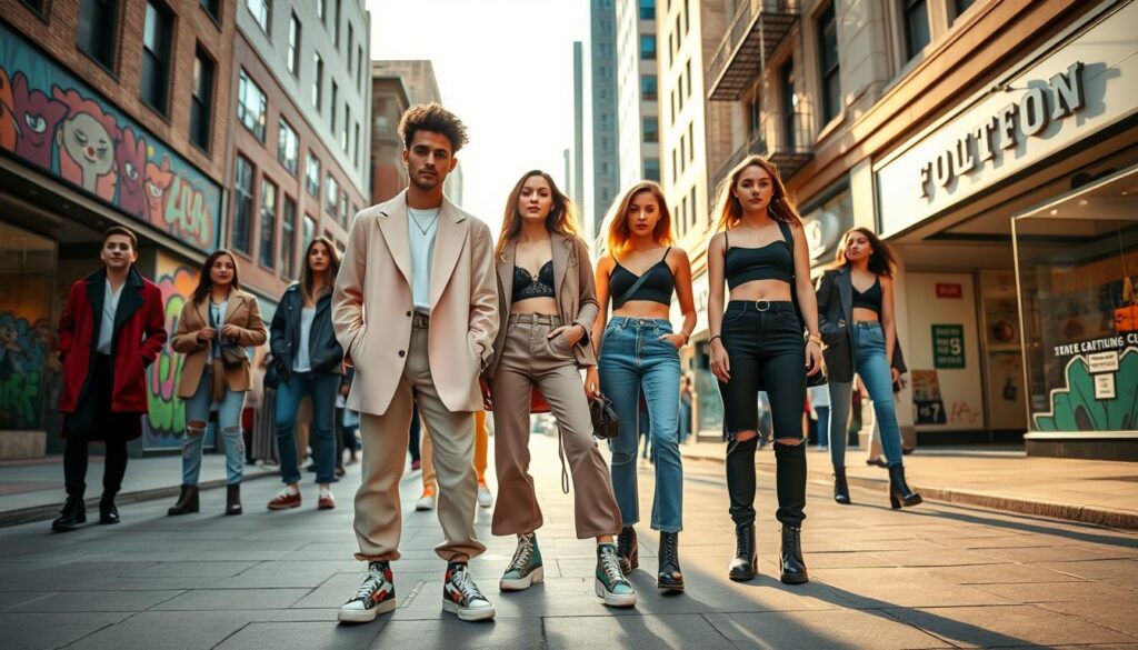 A vibrant urban street scene showcasing gender-fluid fashion. In the foreground, a diverse group of fashion-forward teens, dressed in a mix of tailored pieces and casual wear, embody confidence and creativity. One individual sports an oversized pastel blazer paired with baggy trousers and statement sneakers, while another flaunts a stylish cropped top with high-waisted jeans and chunky boots. The middle ground features colorful urban art and trendy boutique storefronts, contributing to a lively city atmosphere. In the background, soft evening sunlight bathes the scene, casting warm glows on the subjects. The lens captures a dynamic angle that highlights the individuality and inclusivity within fashion, promoting a sense of freedom and self-expression in urban youth culture.