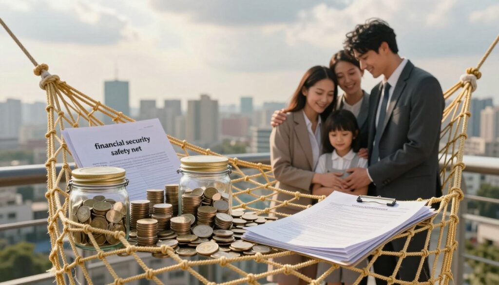 A visual representation of a "financial security safety net" scene. In the foreground, a sturdy, woven net made of golden threads symbolizes the concept of financial safety, cradling stacks of coins, emergency fund savings jars, and essential financial documents. The middle ground features a serene family—dressed in professional business attire—smiling with relief, standing beside the safety net, signifying peace of mind. In the background, a blurred urban skyline with soft sunlight filtering through clouds conveys a sense of stability and hope. The mood is calm and reassuring, with soft, warm lighting that emphasizes security and preparedness, taken from a slightly elevated angle to capture the entire scene effectively.