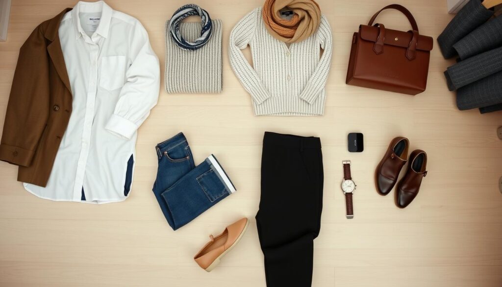 A visually appealing and organized flat lay of a capsule wardrobe list example, including neatly arranged clothing items and accessories on a light wooden surface. In the foreground, display essential pieces like a classic white shirt, tailored black pants, a cozy knit sweater, denim jeans, and versatile shoes. In the middle ground, include stylish accessories like a structured handbag, a watch, and a few seasonal items like a scarf and sunglasses. The background should be softly blurred, featuring a minimalistic closet or dressing area with neutral tones, creating a calm and balanced atmosphere. Utilize soft, natural lighting to enhance the texture of the fabrics and create a welcoming feel. Focus on achieving a tidy and modern aesthetic that inspires organization and simplicity in fashion.