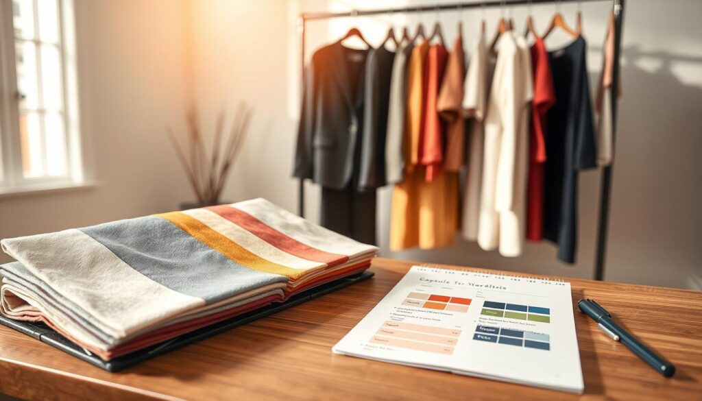 A visually appealing capsule wardrobe color guide displayed on a stylish wooden table. In the foreground, neatly arranged fabric swatches in varied shades of neutral tones, soft pastels, and vibrant accent colors. Each swatch is labeled with its color name. In the middle ground, an elegant notepad with color combinations sketched out sits beside a minimalist clothing rack showcasing professional business attire and modest casual clothing in complementary colors. The background features a softly blurred, sunlit room with light streaming in through a large window, creating a warm and inviting atmosphere. The overall mood is organized and serene, inspiring a sense of simplicity and style for busy working moms. The image should be captured with a shallow depth of field to emphasize the swatches and clothing.