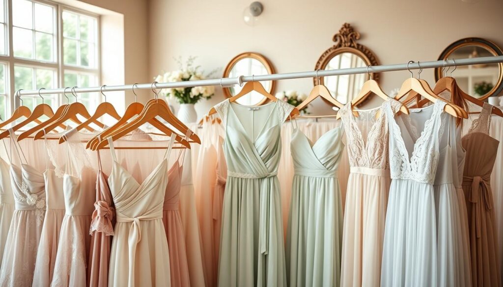A visually appealing display of affordable wedding guest dresses arranged artfully on elegant wooden hangers. In the foreground, a variety of dresses in soft pastel colors, including light pink, mint green, and pale blue, showcasing diverse styles such as A-line, wrap, and maxi dresses. The middle layer features a cozy boutique setting with soft, natural lighting filtering through large windows, highlighting the textures and fabrics of the dresses. In the background, subtle décor such as flower vases and chic mirrors evoke a warm atmosphere, suggesting a shopping experience. Capture a close-up perspective to emphasize details like intricate patterns and delicate embellishments, creating an inviting and stylish ambiance that resonates with smart shopping for wedding attire.