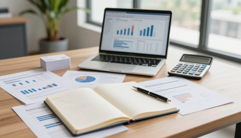A visually appealing flat lay composition that showcases key investment considerations. In the foreground, include a well-organized notebook with notes and a pen, surrounded by various financial documents such as graphs, charts, and investment guides. The middle layer should feature a laptop with charts displayed on the screen, alongside a calculator and a stack of business cards. In the background, softly blurred, add a modern office setting with green plants and a large window allowing natural light to flood in, creating an inviting atmosphere. Use warm, soft lighting to emphasize a sense of professionalism and focus, while the angle should be captured from above for a comprehensive view. The overall mood is encouraging and thoughtful, ideal for conveying important investment strategies without distractions or text. A visually appealing flat lay composition that showcases key investment considerations. In the foreground, include a well-organized notebook with notes and a pen, surrounded by various financial documents such as graphs, charts, and investment guides. The middle layer should feature a laptop with charts displayed on the screen, alongside a calculator and a stack of business cards. In the background, softly blurred, add a modern office setting with green plants and a large window allowing natural light to flood in, creating an inviting atmosphere. Use warm, soft lighting to emphasize a sense of professionalism and focus, while the angle should be captured from above for a comprehensive view. The overall mood is encouraging and thoughtful, ideal for conveying important investment strategies without distractions or text.