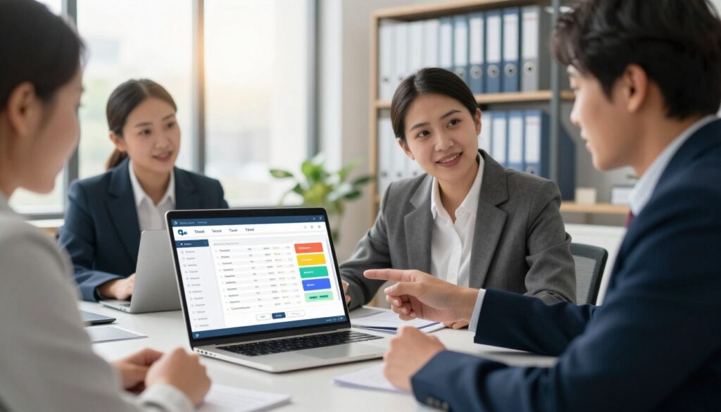 A visually appealing office scene emphasizing ease of use in tax software, featuring a diverse group of three professionals, all dressed in smart business attire, engaged in a collaborative discussion around a sleek, modern desk with a laptop displaying user-friendly tax software. In the foreground, show a close-up of the user-friendly interface, highlighting intuitive menus and vibrant graphics. In the middle, capture the professionals exchanging ideas, one pointing at the screen with a look of satisfaction. The background should include shelves with neatly organized files and a large window allowing warm, natural light to filter in, creating a productive and inviting atmosphere. The overall mood should convey confidence and clarity, showcasing a seamless filing experience.