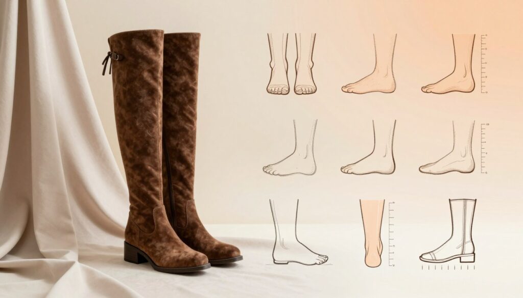 A visually engaging boot fit and comfort guide illustration. In the foreground, a stylish pair of over-the-knee boots, elegantly placed on a soft, neutral-colored fabric that contrasts with the boots’ rich texture. In the middle ground, various foot shapes and measurements are artistically sketched out around the boots, showcasing different fit options. The background features a subtle gradient of warm tones, creating an inviting atmosphere. Soft diffused natural lighting highlights the boots and details in the illustrations. Shot from a slightly elevated angle to provide depth and focus, the image conveys a sense of sophistication and professionalism, suitable for a fashion guide.