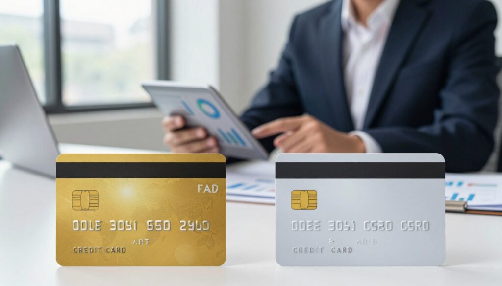 A visually engaging comparison of traditional corporate card solutions versus modern corporate credit cards. In the foreground, display two visually distinct credit cards: one classic, emulating traditional designs with a formal tone, and the other modern, sleek, and minimalistic. In the middle ground, depict a business professional in smart business attire, thoughtfully analyzing the cards while holding a tablet displaying data charts and comparisons. The background features a modern office environment, softly lit with natural light streaming through large windows, creating a productive atmosphere. Include subtle elements such as a desk, a laptop, and financial documents to enhance the setting. The scene should convey a mood of professionalism and innovation, inviting viewers to contemplate informed financial choices for startups.