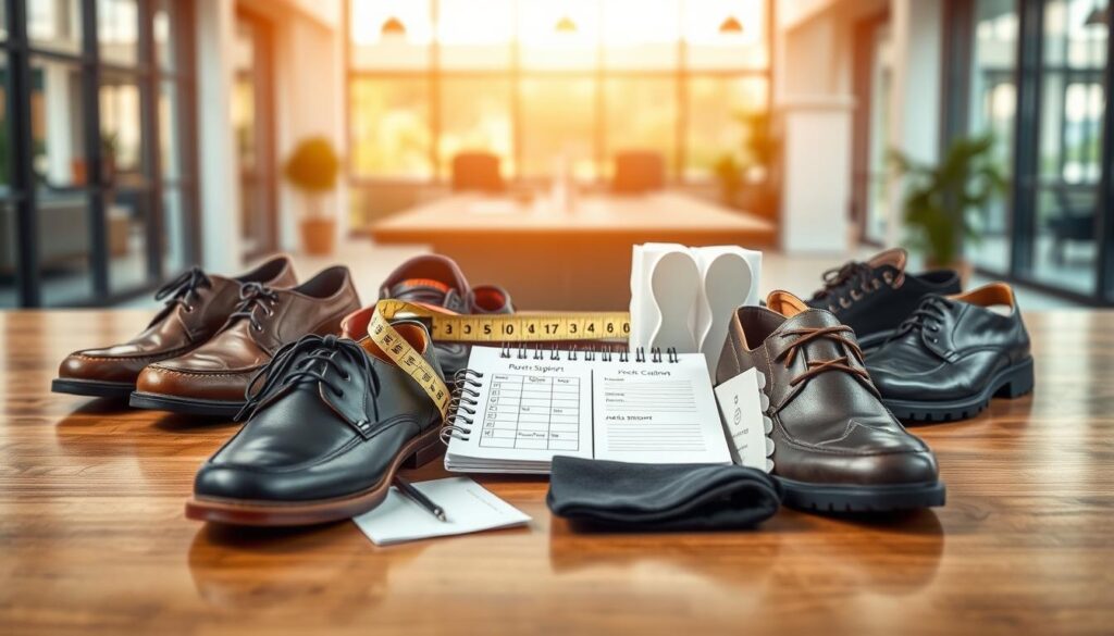 A visually engaging composition depicting various factors to consider when buying work shoes. In the foreground, showcase a selection of stylish and comfortable work shoes for men and women, arranged neatly on a polished wooden surface. In the middle layer, incorporate essential elements such as a measuring tape, a notepad with checklists, arch support models, and a fabric swatch displaying different materials. In the background, create a softly blurred office environment with warm, natural light filtering through large windows, enhancing a professional yet inviting atmosphere. Capture the scene from a slightly elevated angle, focusing on the shoes and accessories while maintaining an overall clean and organized aesthetic, conveying comfort and style in the workplace. A visually engaging composition depicting various factors to consider when buying work shoes. In the foreground, showcase a selection of stylish and comfortable work shoes for men and women, arranged neatly on a polished wooden surface. In the middle layer, incorporate essential elements such as a measuring tape, a notepad with checklists, arch support models, and a fabric swatch displaying different materials. In the background, create a softly blurred office environment with warm, natural light filtering through large windows, enhancing a professional yet inviting atmosphere. Capture the scene from a slightly elevated angle, focusing on the shoes and accessories while maintaining an overall clean and organized aesthetic, conveying comfort and style in the workplace.