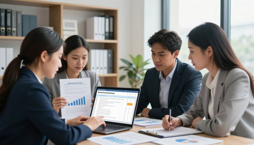 A visually engaging illustration depicting high-yield savings account reviews, set in a modern office environment. In the foreground, showcase a diverse group of three professionals, dressed in smart business attire, looking intently at a laptop screen showcasing various banking statistics and user reviews. In the middle, scatter financial documents, charts, and graphs relating to savings accounts around them, emphasizing the analysis process. The background features a stylish bookshelf with finance-related books and a large window allowing natural light to flood the scene, creating an inviting and bright atmosphere. The mood should convey professionalism and diligence, with a focus on collaboration and decision-making. Use soft, diffused lighting and a slight camera angle that draws focus to the group’s engaged expressions.