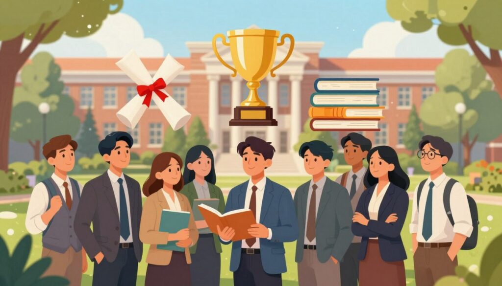 A visually engaging illustration depicting the various types of merit-based and need-based financial awards for college students. In the foreground, a diverse group of students, dressed in professional business attire, enthusiastically discussing scholarship opportunities, with expressions of hope and determination. In the middle, iconic symbols representing different types of awards, such as a diploma, a trophy, and a stack of books, creatively arranged. The background features a serene college campus setting, with lush greenery and iconic academic buildings bathed in warm, natural sunlight. The atmosphere should convey inspiration and optimism, highlighting the importance of educational funding for future success. The image should be vibrant and inviting, capturing the spirit of academic ambition without any text or overlays.