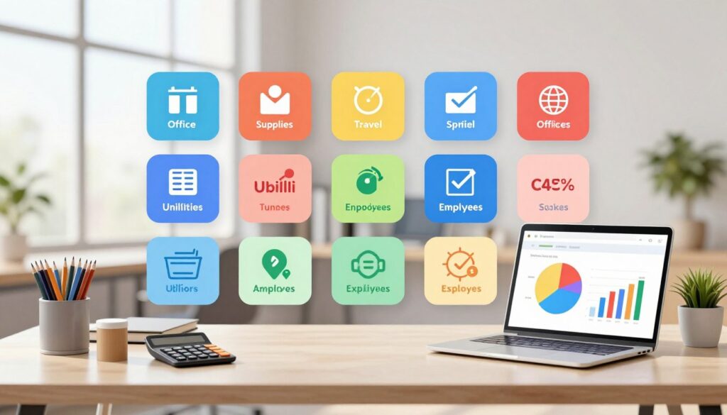 A visually engaging illustration representing various business expense categories, such as office supplies, travel, utilities, and employee salaries. In the foreground, a sleek, modern desk adorned with neatly arranged stationery, a calculator, and a laptop displaying colorful pie charts and graphs related to expenses. The middle ground features elegantly labeled expense category cards or icons, each distinctively colored and arranged in an organized layout. The background showcases a soft-focus office environment with large windows allowing natural light to stream in, creating a warm and productive atmosphere. The mood should feel organized and professional, emphasizing clarity and efficiency in business finances. The composition should be well-balanced, with a focus on harmonious colors and clean lines that evoke a sense of order and readiness.