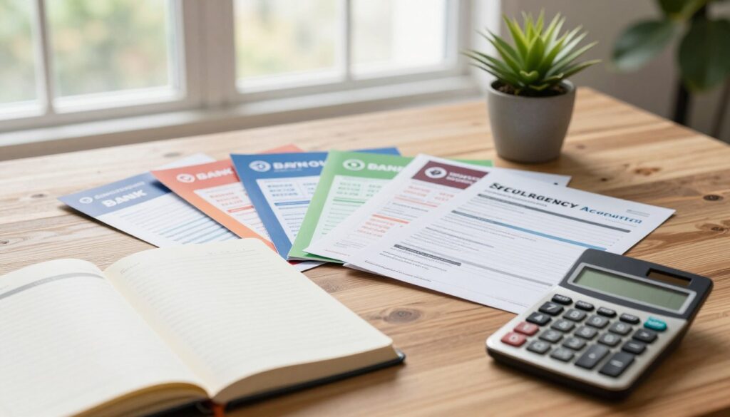 A visually engaging scene depicting various emergency savings account options laid out on a wooden desk, capturing the essence of financial planning. In the foreground, an open notebook with detailed notes and a calculator, symbolizing budgeting. In the middle, several colorful brochures featuring different bank logos and interest rates, arranged neatly next to a small potted plant for a touch of warmth. In the background, a soft-focus window with morning light streaming in, casting a natural glow on the scene, suggesting a calm and thoughtful atmosphere. The overall mood is optimistic and encouraging, ideal for readers evaluating their financial choices. The composition should feel organized and inviting, with a shallow depth of field to draw attention to the account options.