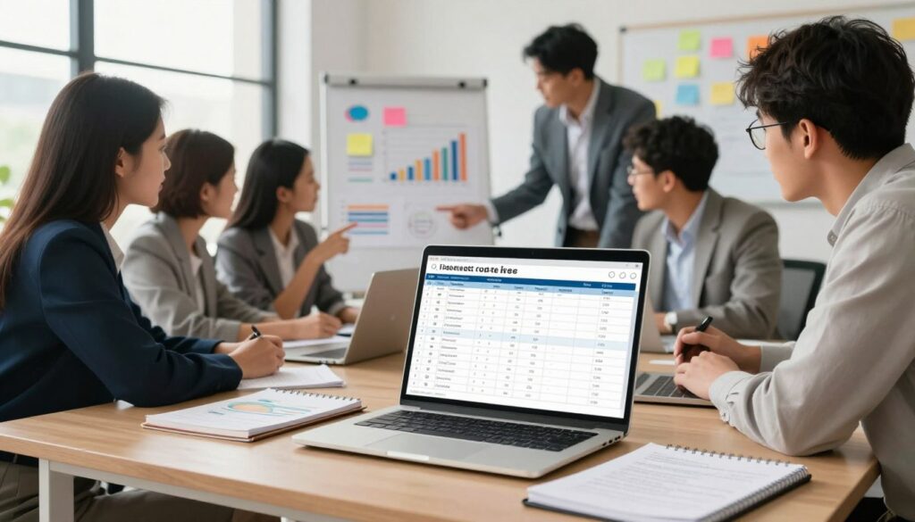 A visually engaging, step-by-step illustration of creating a business budget. In the foreground, a well-organized workspace is featured, complete with a sleek laptop, a detailed budget spreadsheet displayed on the screen, and a notepad filled with notes. The middle layer showcases a diverse group of professionals in smart business attire, collaborating over the budget, pointing to various graphs and charts. In the background, a bright, modern office setting includes whiteboards with brainstorming sessions, colorful post-it notes, and natural light pouring in through large windows. The atmosphere is dynamic and focused, with a warm yet professional ambiance, inviting viewers to dive into the budgeting process. Soft lighting enhances the clarity of details, while a slight depth of field keeps the focus sharp on the budgeting elements.