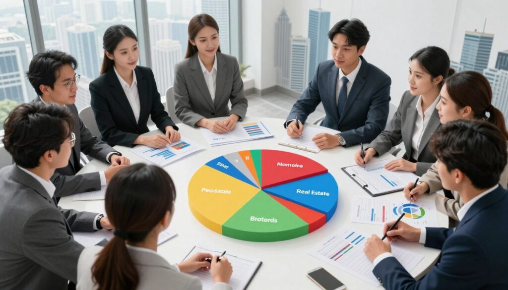 A visually striking image depicting the concept of diversification in investments. In the foreground, a diverse group of professionals in business attire examines a large, colorful pie chart made up of various investment sectors: stocks, real estate, bonds, and commodities. In the middle ground, a table with financial reports and charts displays a balanced portfolio. In the background, a modern city skyline symbolizes economic growth. Soft, natural lighting creates an optimistic atmosphere, highlighting the importance of strategic investment choices. The angle focuses on the professionals' engaged expressions, reflecting collaboration and informed decision-making. Overall, the image conveys a sense of confidence and opportunity in wealth building through diversification. A visually striking image depicting the concept of diversification in investments. In the foreground, a diverse group of professionals in business attire examines a large, colorful pie chart made up of various investment sectors: stocks, real estate, bonds, and commodities. In the middle ground, a table with financial reports and charts displays a balanced portfolio. In the background, a modern city skyline symbolizes economic growth. Soft, natural lighting creates an optimistic atmosphere, highlighting the importance of strategic investment choices. The angle focuses on the professionals' engaged expressions, reflecting collaboration and informed decision-making. Overall, the image conveys a sense of confidence and opportunity in wealth building through diversification.