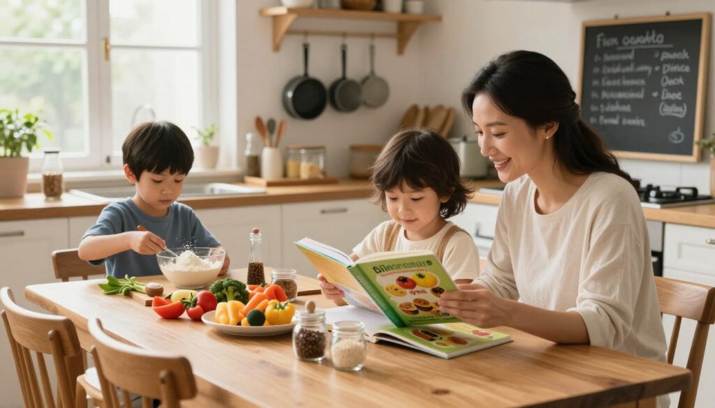 A warm and inviting kitchen scene where a family is gathered around a wooden dining table, engaged in adapting recipes to suit their preferences. In the foreground, a mother and her child are enthusiastically flipping through a colorful recipe book, while another child is measuring ingredients like flour and sugar. The middle ground features a well-organized kitchen countertop with various fresh vegetables and spices neatly arranged, showcasing the idea of customization. Soft, natural lighting streams in from a nearby window, creating a cozy atmosphere. The background shows neatly hanging pots and pans, and a chalkboard with handwritten notes that illustrate the family's personal recipe adaptations. The overall mood is cheerful and collaborative, emphasizing the joy of cooking together.