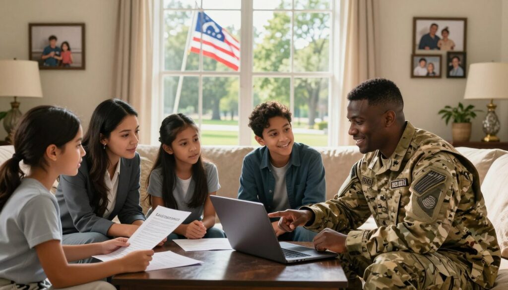 A warm, inviting scene depicting a military family engaging in a discussion about life insurance in a cozy, well-lit living room. In the foreground, a diverse family of four sits around a coffee table, with the parents in professional business attire, looking at documents and a laptop. The mother, of Hispanic descent, and the father, an African American soldier in uniform, are smiling and pointing at the screen. The middle ground features an open window revealing a beautiful park with a flagpole displaying the military flag, symbolizing pride and service. Soft sunlight filters through, creating a serene atmosphere, while family photos on the wall reinforce their close-knit bond. The framing captures the essence of security and togetherness, emphasizing the importance of life insurance for military families.