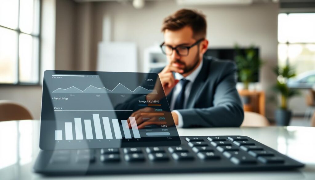 A well-designed, modern car savings calculator interface displayed prominently in the foreground, featuring sleek graphs, sliders, and buttons representing various financial factors. In the middle ground, a professional individual in business attire is engaged with the calculator on a laptop, analyzing data with a thoughtful expression. The background includes a blurred office setting with soft, natural lighting coming from a large window, creating a warm and inviting atmosphere. This scene effectively conveys the concept of calculating savings related to car expenses, reflecting a sense of professionalism and clarity. The camera angle is slightly elevated, focusing on the interaction between the person and the calculator while showcasing the sophisticated interface design. A well-designed, modern car savings calculator interface displayed prominently in the foreground, featuring sleek graphs, sliders, and buttons representing various financial factors. In the middle ground, a professional individual in business attire is engaged with the calculator on a laptop, analyzing data with a thoughtful expression. The background includes a blurred office setting with soft, natural lighting coming from a large window, creating a warm and inviting atmosphere. This scene effectively conveys the concept of calculating savings related to car expenses, reflecting a sense of professionalism and clarity. The camera angle is slightly elevated, focusing on the interaction between the person and the calculator while showcasing the sophisticated interface design.