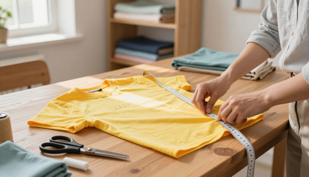 A well-lit, close-up scene in a cozy, well-organized sewing workspace. In the foreground, a pair of hands, dressed in professional-looking casual attire, are measuring a bright colored t-shirt laid flat on a wooden table with a measuring tape. Beside the shirt, a pair of fabric scissors and chalk for marking are neatly arranged. The middle section features the t-shirt stretched out, revealing clear markings for cropping, with the tape measure extended along one side. In the background, a soft-focus fabric shelf filled with various textiles adds a creative yet organized atmosphere. Natural light streams in from a window, casting gentle shadows, enhancing the clarity of the writing. The mood is focused and inspiring, conveying a sense of creativity and DIY craftsmanship.