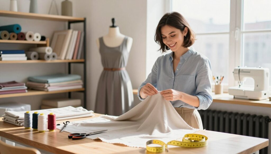 A well-lit, cozy sewing studio with a wooden table in the foreground showcasing various hemming tools like scissors, threads, and measuring tape. In the middle ground, a petite woman in professional casual attire is demonstrating hemming techniques on a tailored dress, focusing on the edges being altered. She is smiling and looking confident, embodying positivity and empowerment. Bright, natural light streams in through a window, casting soft shadows and creating an inviting atmosphere. In the background, shelves filled with fabric rolls and sewing books hint at creativity and skill. This scene captures the essence of enhancing looks through proper hemming techniques for petite women.