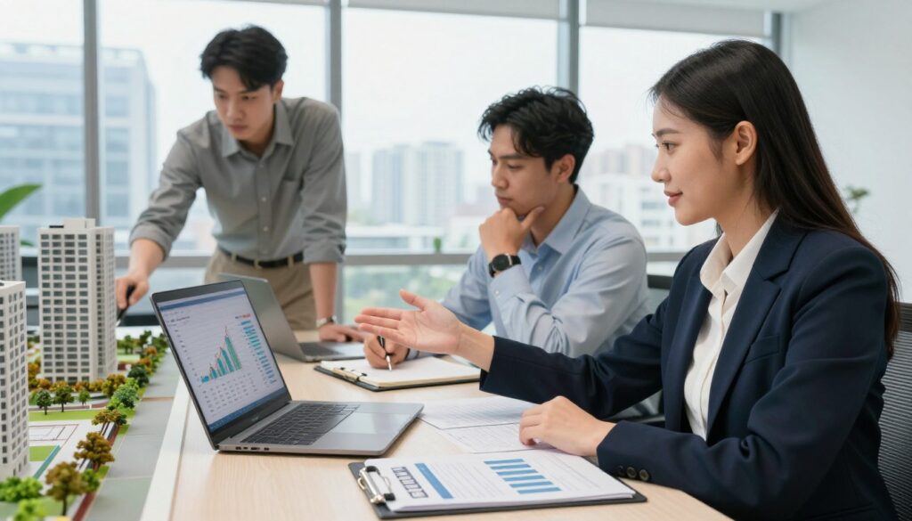 A well-lit, modern office environment showcasing a diverse group of three professionals gathered around a large table covered with real estate investment documents and digital devices. In the foreground, a confident woman in a smart blazer gestures towards a laptop screen displaying property data, emphasizing key graphs and trends. Beside her, a thoughtful man in business attire takes notes on a notepad, while a third person, dressed in smart casual, analyzes a miniature model of a building. The background features large windows revealing a cityscape, creating an inspiring atmosphere filled with natural light. The overall mood is collaborative and focused, highlighting teamwork and professionalism in understanding real estate investment basics.