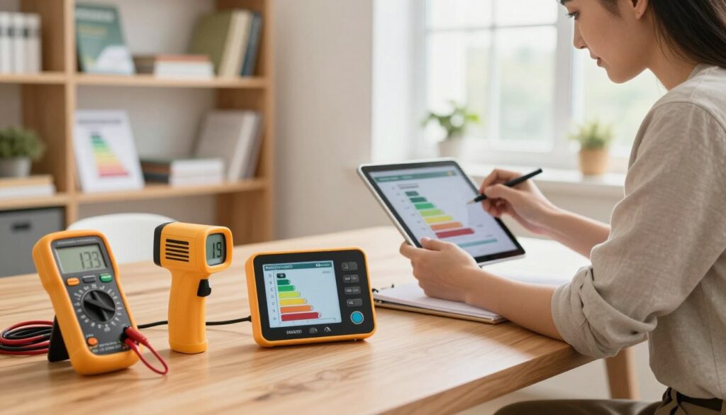 A well-lit, organized workspace showcasing a variety of home energy audit tools. In the foreground, include a digital multimeter, an infrared thermometer, and a light meter, all displayed on a wooden table, with a power consumption monitor in a prominent position. In the middle ground, depict a professional in modest casual clothing, using a tablet to take notes while examining energy efficiency charts on the screen. The background features shelves filled with energy audit resources, like books and guides, and a bright window allowing natural light to flood the room, creating a warm, inviting atmosphere. The overall mood is focused and informative, emphasizing the importance of conducting a thorough energy audit.