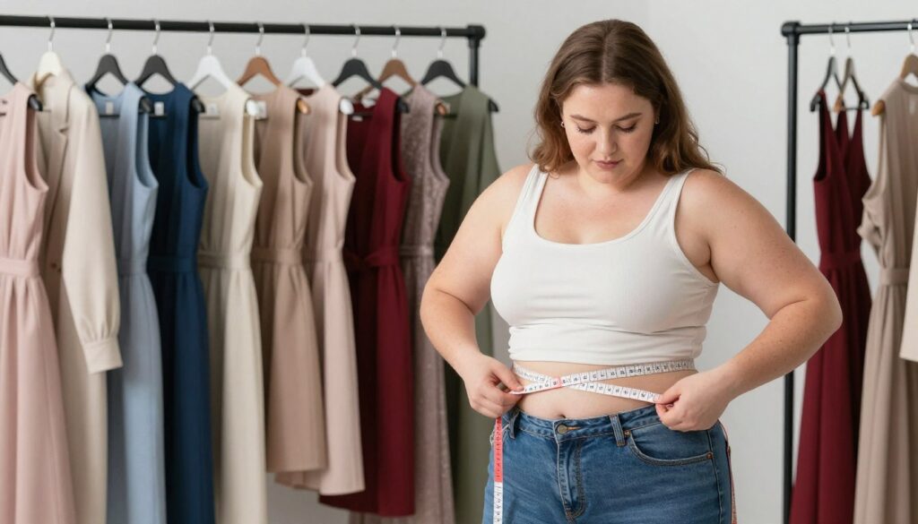 A well-lit, professional studio setting focused on accurate body measurements for clothing fit. In the foreground, a confident plus-size woman stands gracefully, wearing modest casual clothing, showcasing her body measurements with a measuring tape and a measuring chart. The middle section features a close-up view of the measuring tape around her waist, hips, and bust, emphasizing precision and attention to detail. In the background, a neatly arranged rack of stylish plus-size dresses creates an inviting atmosphere. Soft, diffused lighting highlights the woman's features and the fabrics. The mood is empowering and educational, aiming to inspire confidence and a deeper understanding of body measurements in relation to clothing fit. The angle is slightly above eye level, capturing both the woman and the measurement tools effectively.