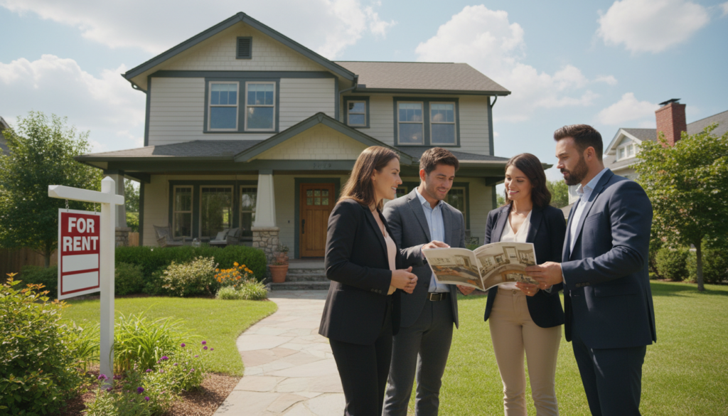 A well-maintained rental property with a welcoming façade, showcasing a charming front yard and inviting entrance. In the foreground, a diverse group of four professionals, dressed in smart casual attire, are engaged in a discussion, pointing at a detailed property brochure. The middle ground features the rental property, complete with a "For Rent" sign, lush landscaping, and well-kept exterior. In the background, a bright blue sky with fluffy white clouds enhances the cheerful atmosphere. Soft, natural lighting bathes the scene, casting warm, inviting shadows. The overall mood is optimistic and encouraging, depicting the potential benefits and opportunities of rental property investing. The image should evoke a sense of excitement and professionalism without any text or distractions.