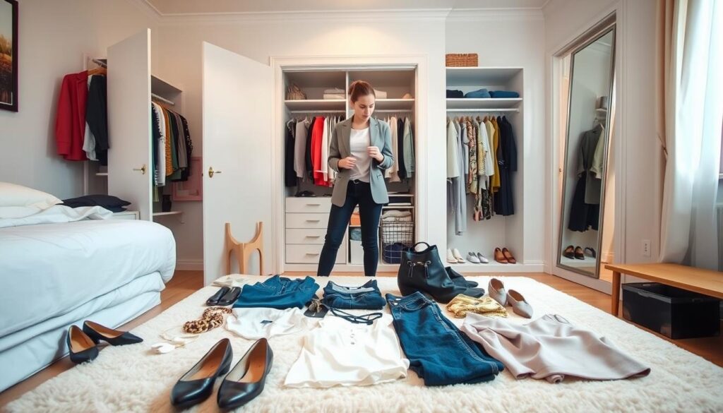 A well-organized bedroom featuring a wardrobe audit scene. In the foreground, a neatly arranged selection of clothing items on a soft pastel rug, such as blouses, jeans, and accessories, with a pair of stylish shoes to one side. In the middle, a person in smart casual attire, thoughtfully evaluating garments, holding a top and examining it closely. The background shows an open wardrobe with clothes sorted by color and type, and a full-length mirror reflecting the neat environment. Soft, natural lighting illuminates the space, creating a calm and focused atmosphere. The scene conveys a sense of purpose and clarity, ideal for organizing a capsule wardrobe.
