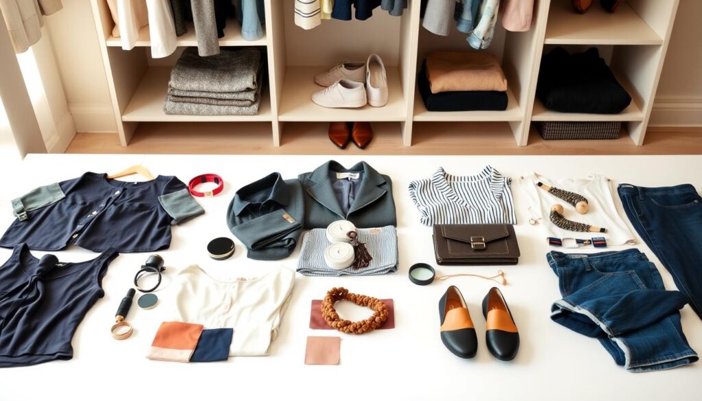 A well-organized display of mix and match outfit ideas for a capsule wardrobe, showcasing various clothing pieces laid out on a clean, bright surface. In the foreground, there are stylish tops, versatile bottoms, and chic accessories, with color swatches that complement each other. The middle layer features a neatly folded blazer and a set of shoes that can elevate casual outfits to professional attire. In the background, a softly lit wardrobe or closet gives a sense of organized space, emphasizing the simplicity of a capsule wardrobe. The mood is bright and inviting, highlighting creativity and versatility in styling options. Use soft, natural lighting to create a warm atmosphere, capturing the details in a slightly angled top-down view.