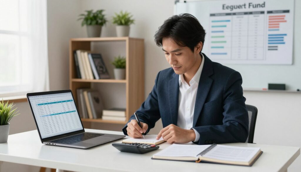 A well-organized home office scene focused on calculating emergency fund requirements. In the foreground, a neatly arranged desk features a laptop displaying a financial spreadsheet alongside a calculator, notepad, and a small financial planning book. The middle ground shows a confident professional in smart business attire, deeply engaged in the calculations, while a wall-mounted whiteboard displays budgeting strategies. In the background, a shelf filled with financial literature and potted plants adds warmth to the environment. Soft, natural light streams in through a window, casting gentle shadows, and creating a calm, focused atmosphere. The overall mood is one of diligence and determination, inviting viewers to contemplate their financial preparedness.