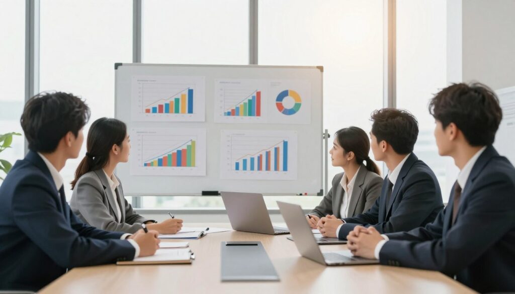 A well-organized office environment with a sleek conference table in the foreground, featuring diverse professionals in business attire engaged in a collaborative discussion. The middle ground includes a large whiteboard filled with colorful graphs and charts illustrating budget trends and financial projections. In the background, tall windows let in natural light, casting a warm glow that enhances the productive atmosphere. The scene conveys a sense of focus and clarity, encouraging teamwork and strategic thinking about financial management. Use a soft focus on the background to emphasize the individuals in the foreground, while employing bright, inviting lighting to create a positive and inspiring mood.