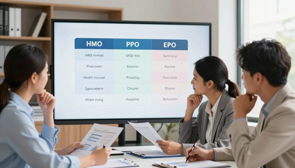 A well-organized office setting depicting the comparison of HMO, PPO, and EPO health insurance plans. In the foreground, a diverse group of three professionals, dressed in business attire, review charts and graphs on a table, looking thoughtful and engaged. The middle section features a large whiteboard or screen displaying a visually appealing comparison chart with clear labels for HMO, PPO, and EPO plans, highlighting their key features. The background includes bookshelves filled with health-related literature and a window letting in warm, natural light, creating a collaborative and focused atmosphere. The image has a clean, modern aesthetic, with a depth of field that slightly blurs the background, enhancing the focus on the comparison activity. A well-organized office setting depicting the comparison of HMO, PPO, and EPO health insurance plans. In the foreground, a diverse group of three professionals, dressed in business attire, review charts and graphs on a table, looking thoughtful and engaged. The middle section features a large whiteboard or screen displaying a visually appealing comparison chart with clear labels for HMO, PPO, and EPO plans, highlighting their key features. The background includes bookshelves filled with health-related literature and a window letting in warm, natural light, creating a collaborative and focused atmosphere. The image has a clean, modern aesthetic, with a depth of field that slightly blurs the background, enhancing the focus on the comparison activity.