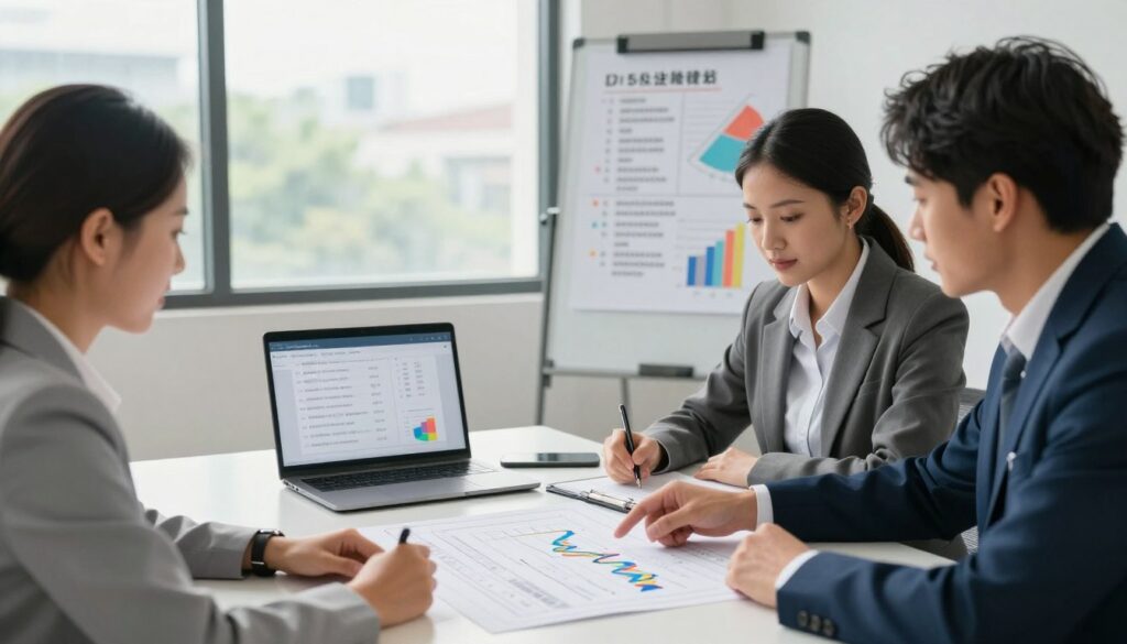 A well-organized real estate meeting in a bright, modern conference room. In the foreground, a diverse group of three professional individuals, dressed in business attire, enthusiastically reviewing blueprints and charts on a sleek table. One individual points to a detailed financial graph highlighting key metrics of a good real estate deal. In the middle ground, an open laptop displays real estate listings, while a whiteboard in the background outlines essential criteria for evaluating deals, filled with bullet points and colorful graphs. Soft, natural light filters through large windows, creating an inviting and collaborative atmosphere. The angle is slightly elevated, capturing both the engaged participants and the informative materials, conveying a sense of professionalism and empowerment in finding great investment opportunities.