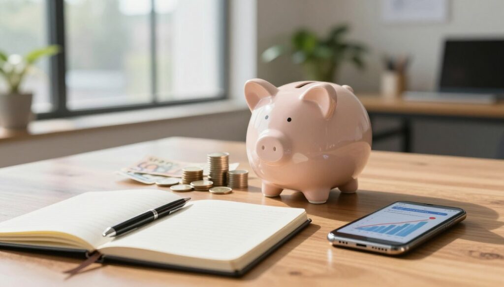 A well-organized savings account setup in a modern, professional atmosphere. In the foreground, a polished wooden table with an open notebook, a sleek pen, and a smartphone displaying a graph of savings growth. In the middle, an elegant piggy bank representing financial goals, surrounded by stacks of coins and banknotes, casting soft shadows. In the background, a large window with natural light pouring in, revealing a serene office space with houseplants and subtle decorative elements. The scene conveys a mood of financial stability and planning, with a warm, inviting color palette. Use a shallow depth of field to emphasize the foreground objects while maintaining a soft focus on the background, creating a sense of depth and clarity.