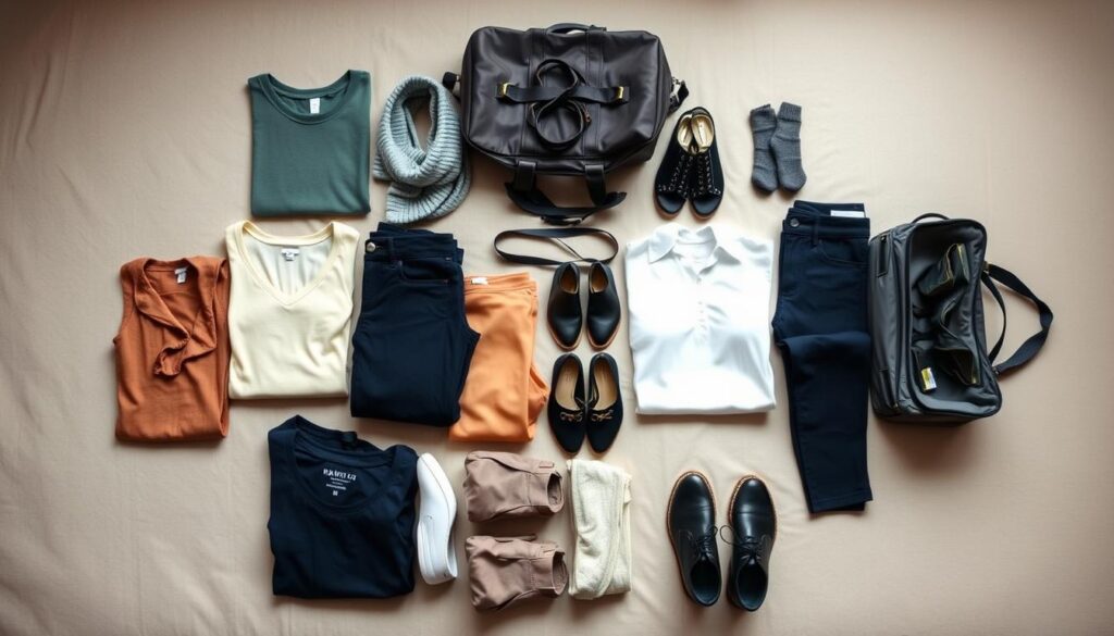 A well-organized travel capsule wardrobe laid out on a soft, neutral-colored surface, utilizing the 5-4-3-2-1 packing method. In the foreground, five versatile tops neatly folded; next to them, four pairs of bottoms organized by color and style; in the middle ground, three pairs of shoes in various styles; layered behind, two accessories like a scarf and a belt; and in the background, a single travel-friendly bag showcasing the entire contents. The lighting is soft and natural, highlighting the textures of the fabrics. The angle captures the arrangement from above, creating a clean and aesthetically pleasing composition. The mood is relaxed and organized, ideal for illustrating stress-free travel preparation.